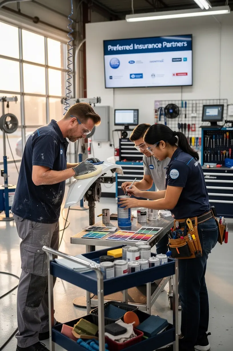 Modern collision repair workshop showing technicians repairing and repainting vehicles with advanced equipment.